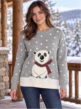 Women's Holiday Time Polar Bear Christmas Sweater Grey White Size L